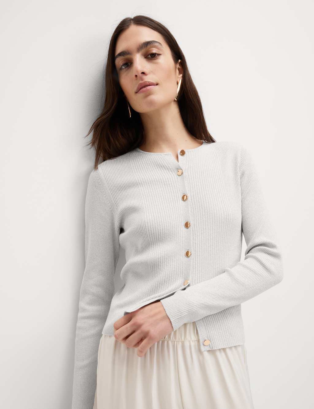 Metallic Crew Neck Slim Fit Cardigan