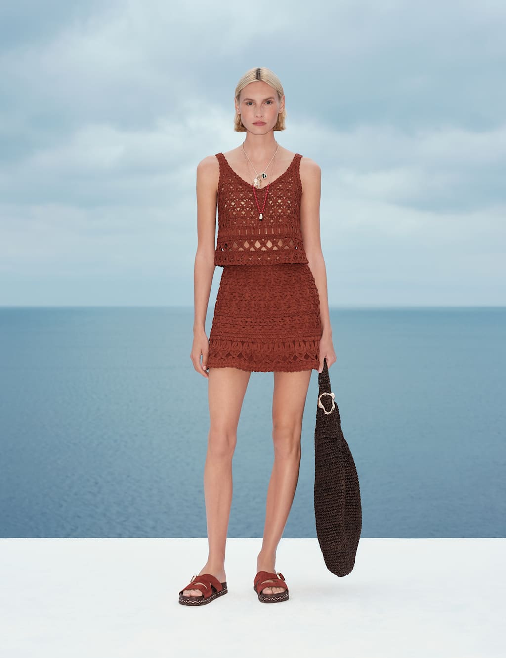 M&S Women's Crochet-Style Cropped Knitted Top - Small - Brandy