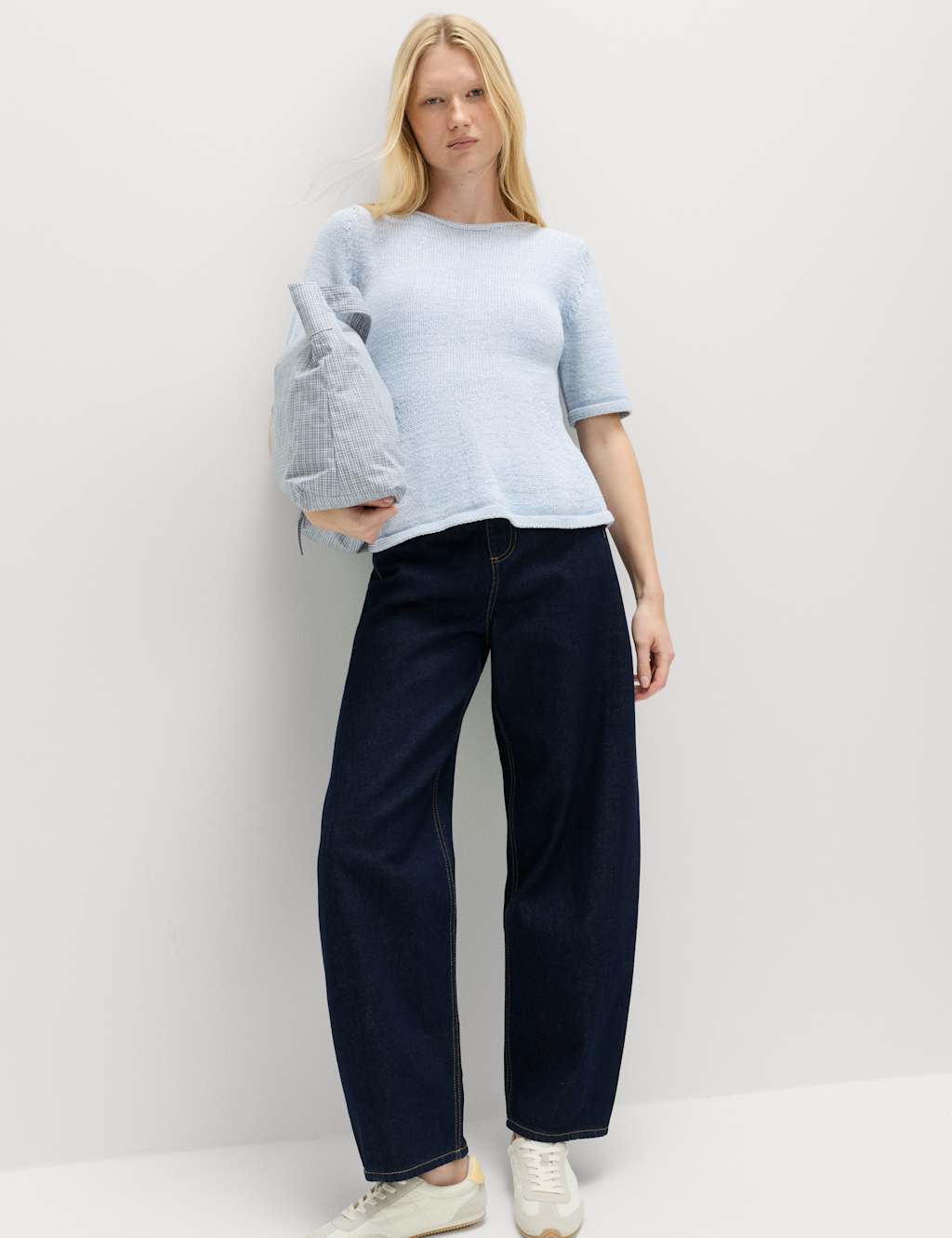 M&S Women's Cotton-Rich Peplum Knitted Top - Small - Faded Blue