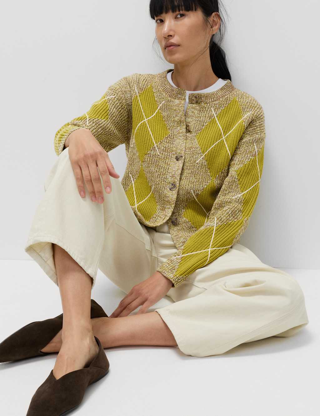 M&S Cotton Rich Argyle Crew Neck Cardigan Green Mix