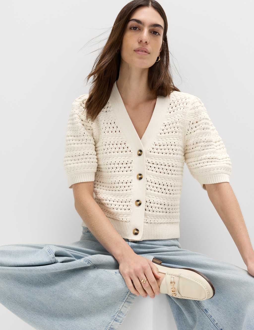 M&S Women's Pure Cotton Puff Sleeve Cropped Cardigan - Medium - Ivory