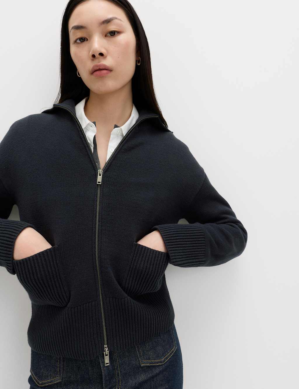 M&S Women's Cotton Rich Pocket Detail Collared Knitted Jacket - Small - Midnight Navy