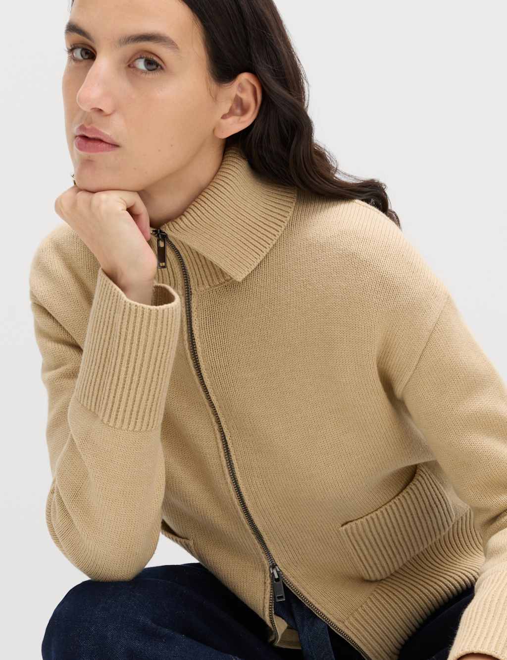 M&S Women's Cotton Rich Pocket Detail Collared Knitted Jacket - Small - Sandstone