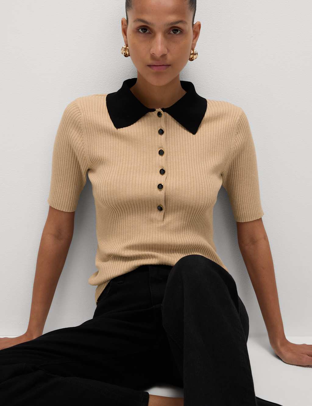 M&S Soft Touch Collared Knitted Top Camel Mix