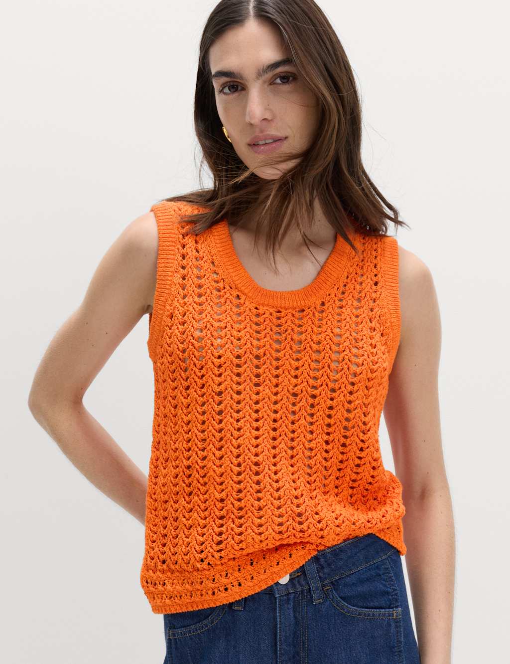 M&S Women's Cotton Rich Crochet-Style Scoop Neck Knitted Vest - Small - Marmalade