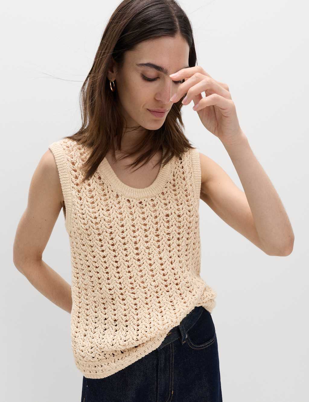 M&S Women's Cotton Rich Crochet-Style Scoop Neck Knitted Vest - Medium - Blonde