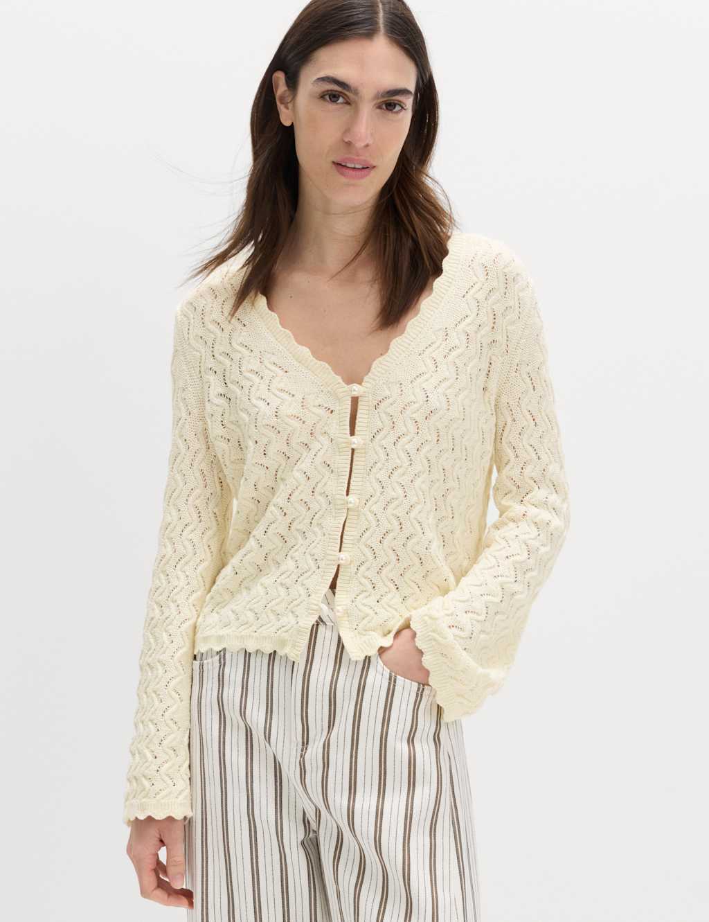 M&S Women's Cotton Rich Pearl Detail Scallop Edge Cardigan - Extra Small - Ivory