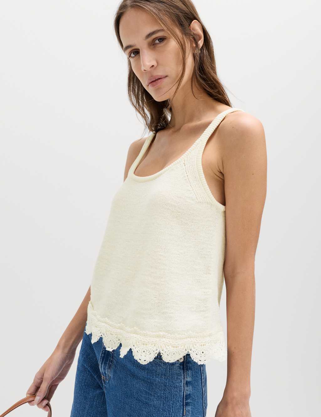M&S Women's Cotton Blend Lace Detail Cropped Knitted Vest - Small - Vanilla