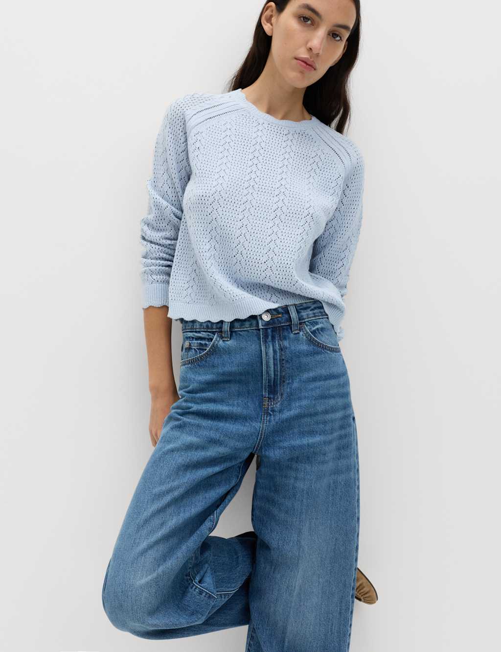 M&S Women's Cotton Rich Pointelle Scallop Edge Jumper - Extra Large - Faded Blue