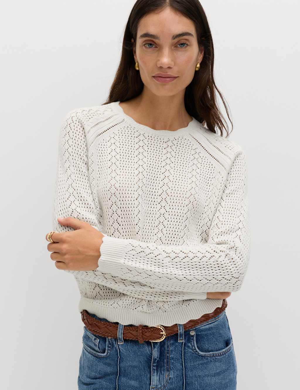 M&S Women's Cotton Rich Pointelle Scallop Edge Jumper - Large - Light Natural