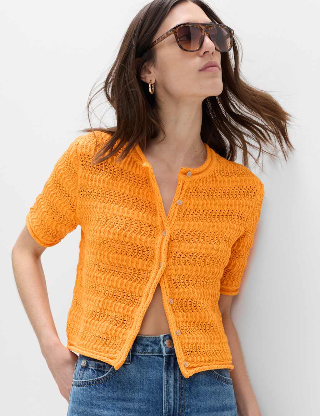 M&S Women's Cotton Blend Textured Cropped Cardigan - Medium - Mango