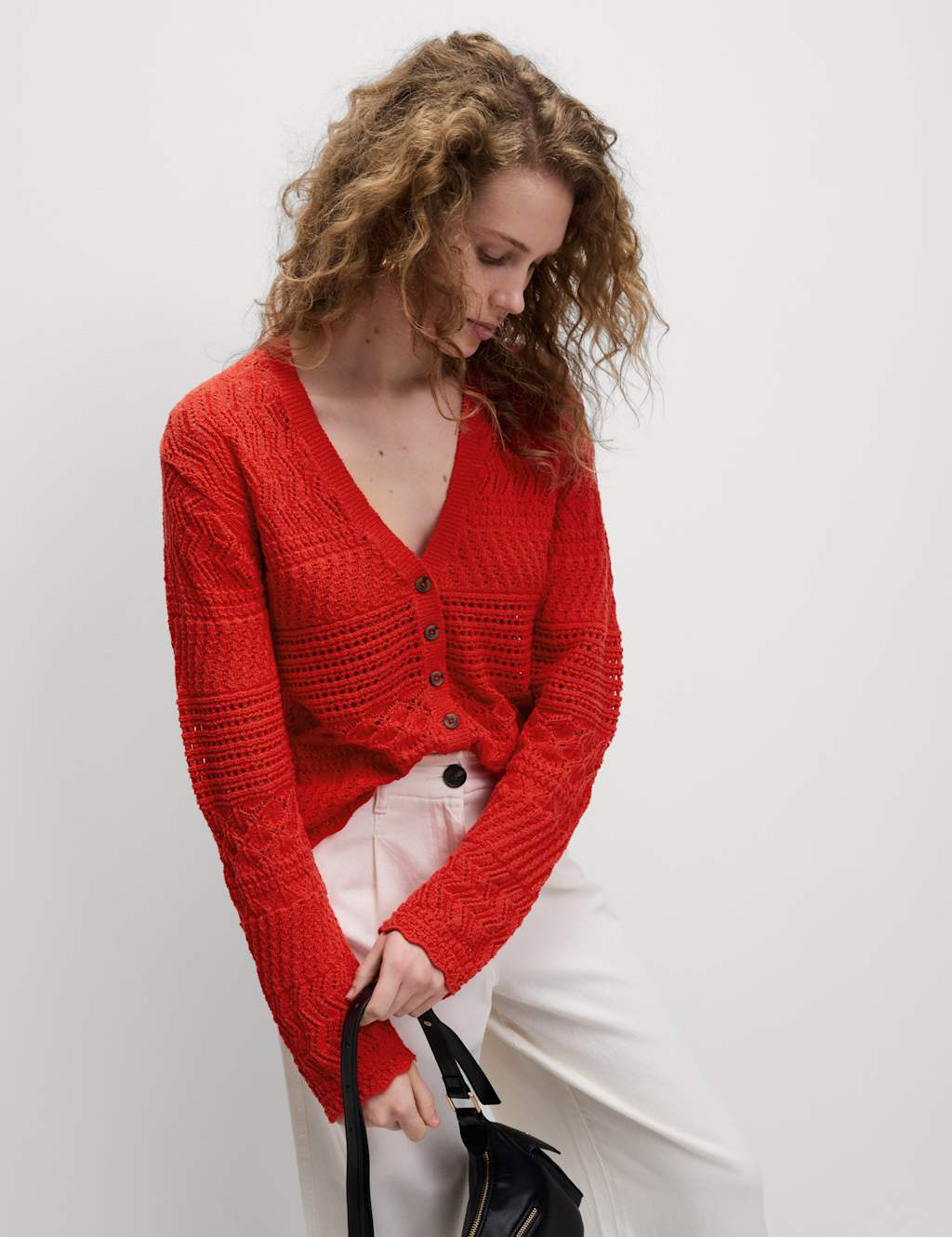 Cotton Blend Pointelle V-Neck Button Front Cardigan