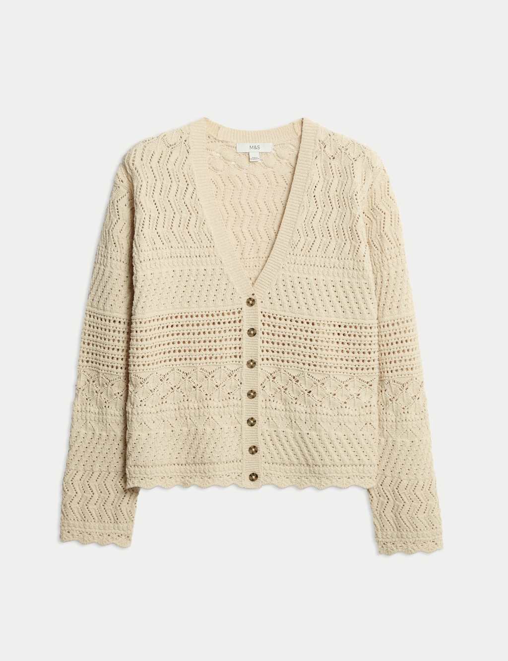 Cotton Blend Pointelle V-Neck Button Front Cardigan