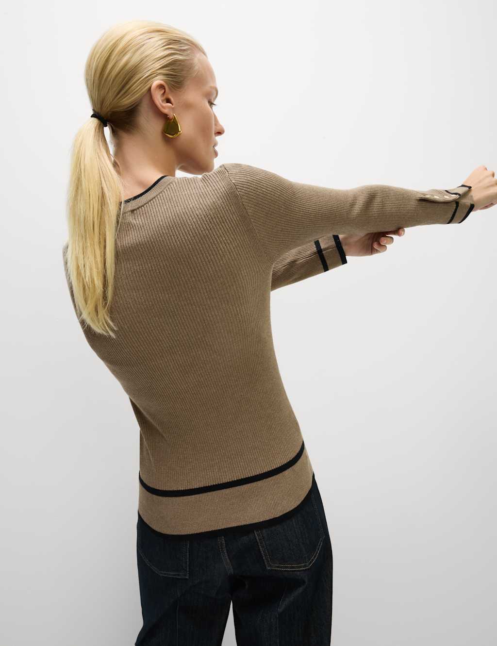 M&S Ribbed Tipped Detail Crew Neck Jumper Hazelnut