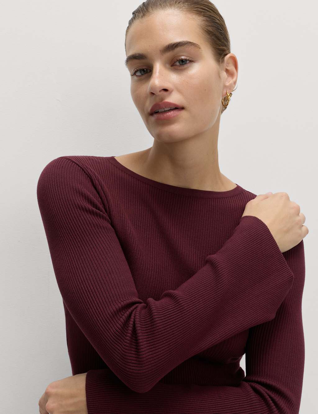 M&S Flute Sleeve Knitted Top Dark Burgundy