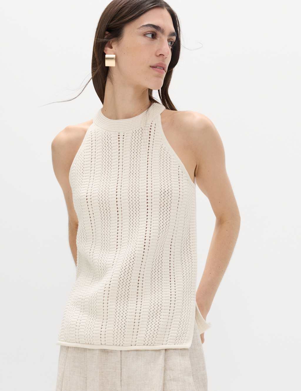 M&S Women's Cotton Rich Crochet Style Knitted Vest - Medium - Ivory