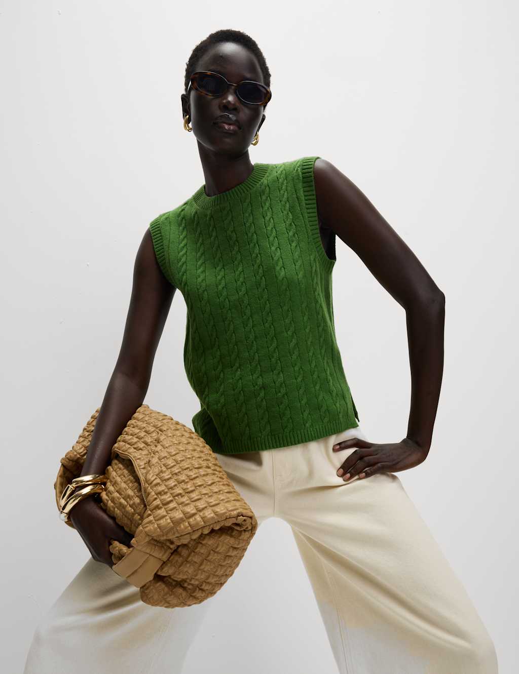 M&S Air-Yarn Cable Knit Crew Neck Knitted Vest Fern Green