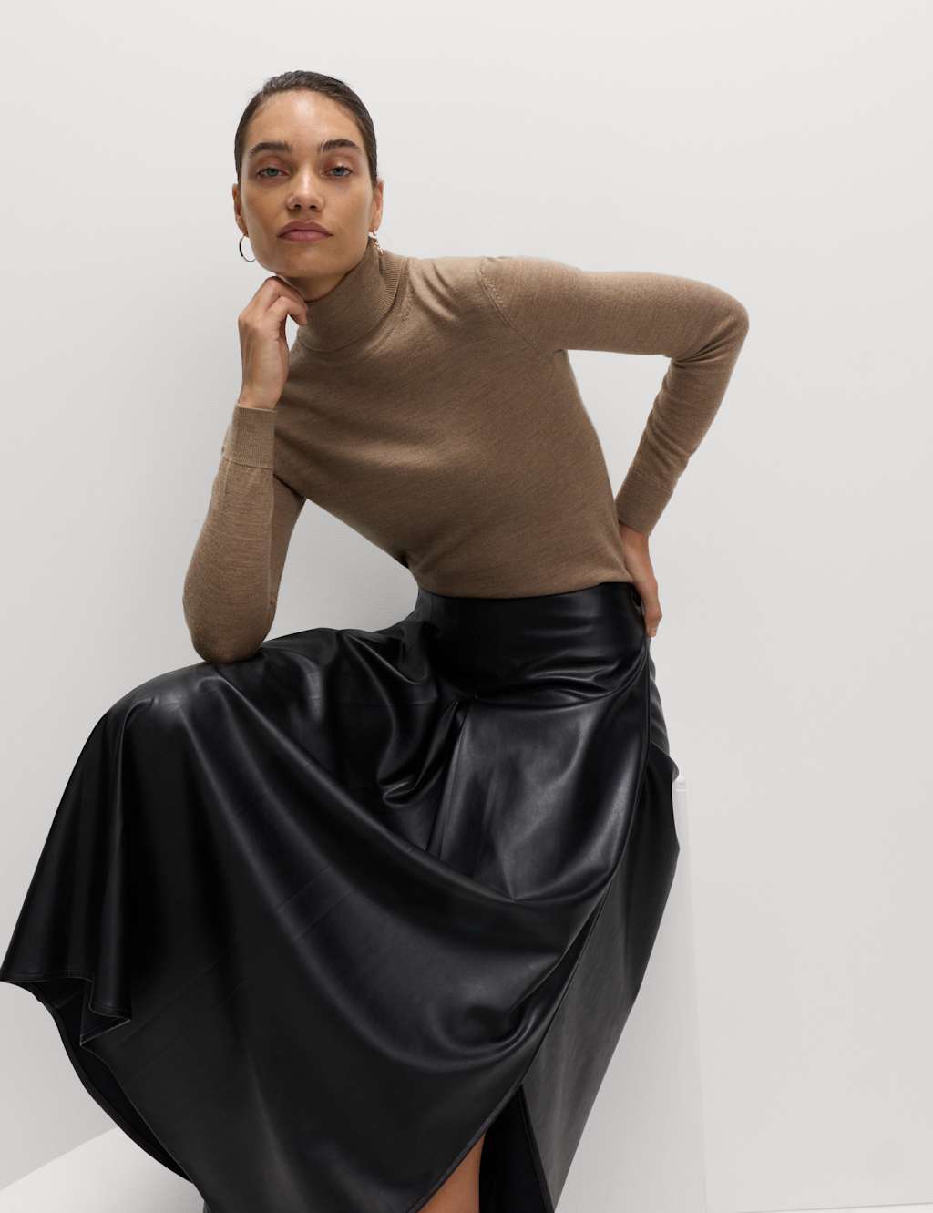 M&S Pure Merino Wool Roll Neck Jumper Hazelnut