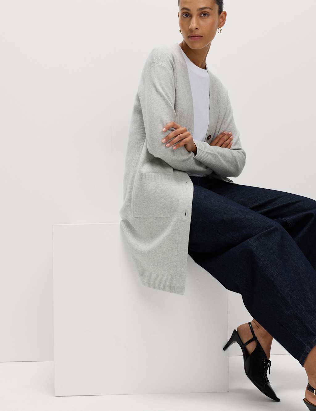 M&S Air-Yarn V-Neck Longline Cardigan Light Grey