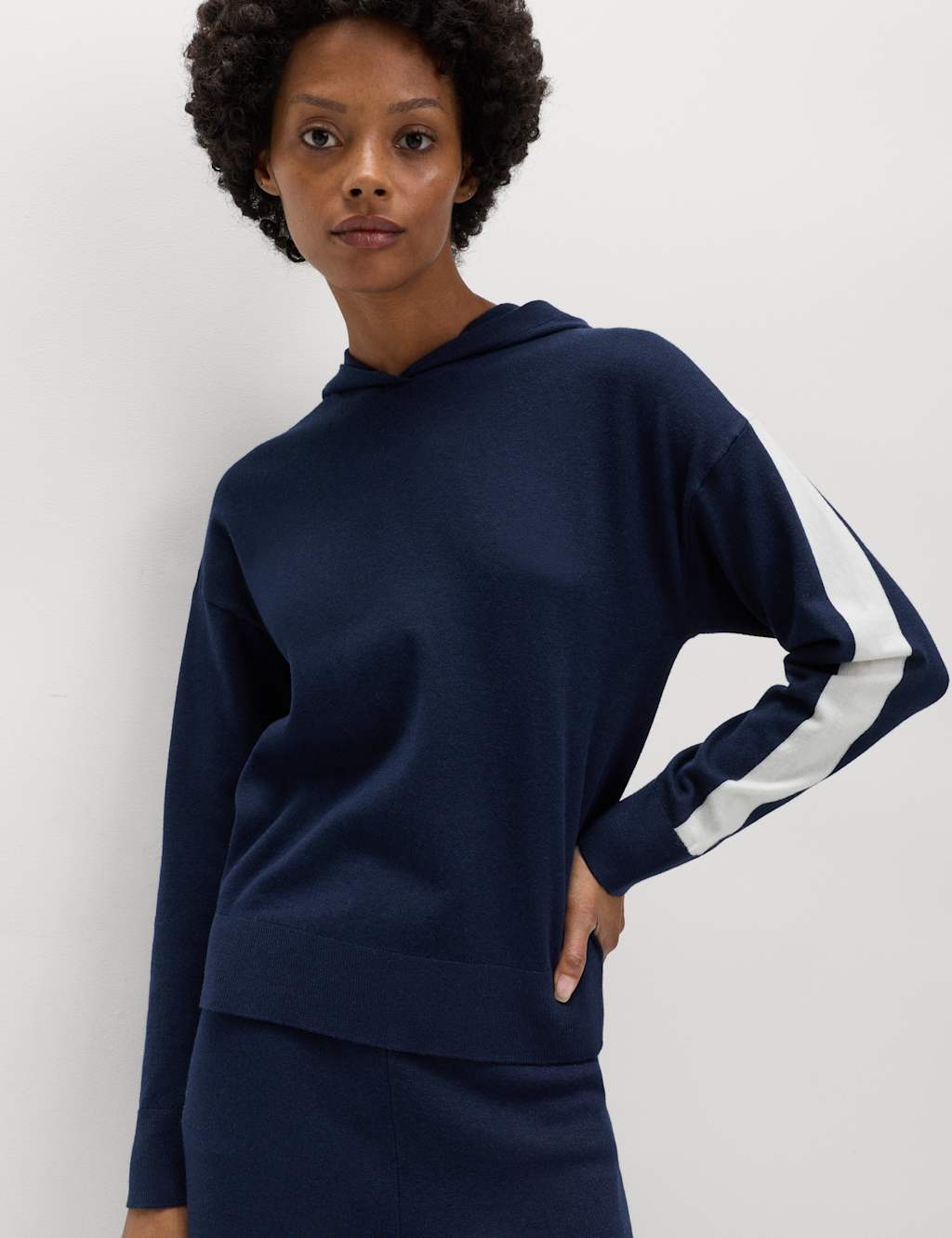 M&S Women's Side Stripe Knitted Hoodie with Wool - Extra Small - Navy
