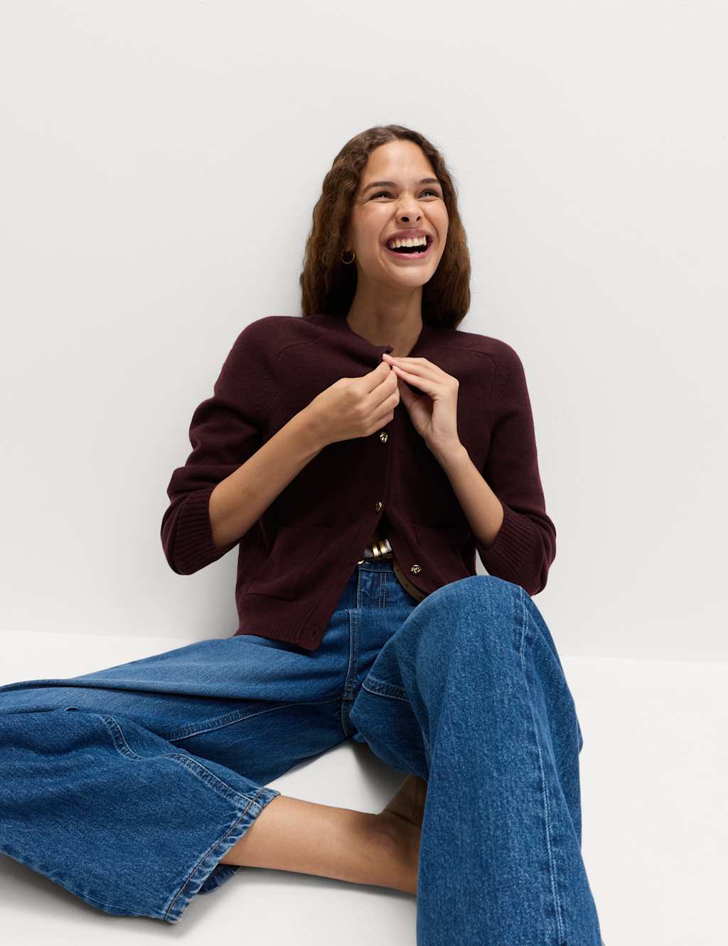 M&S Air-Yarn Crew Neck Button Front Cropped Cardigan Burgundy