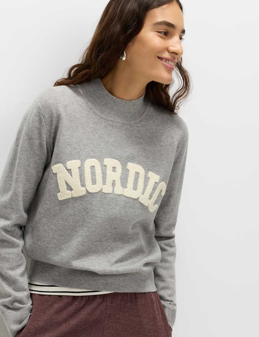 M&S Slogan Funnel Neck Jumper Mid Grey