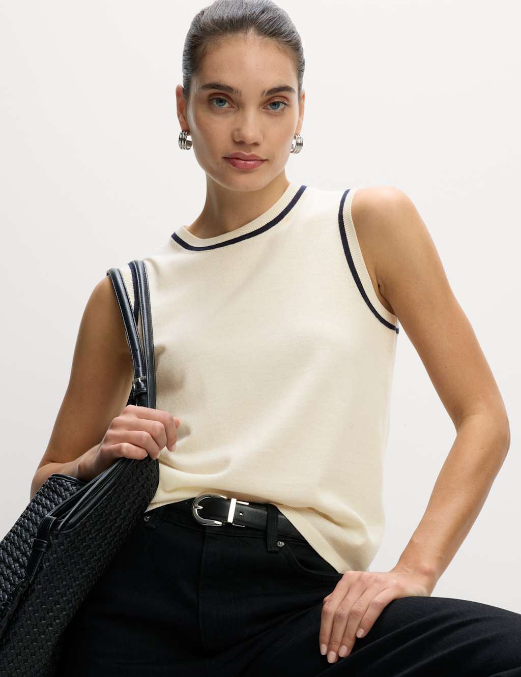 Pure Merino Wool Tipped Detail Knitted Vest