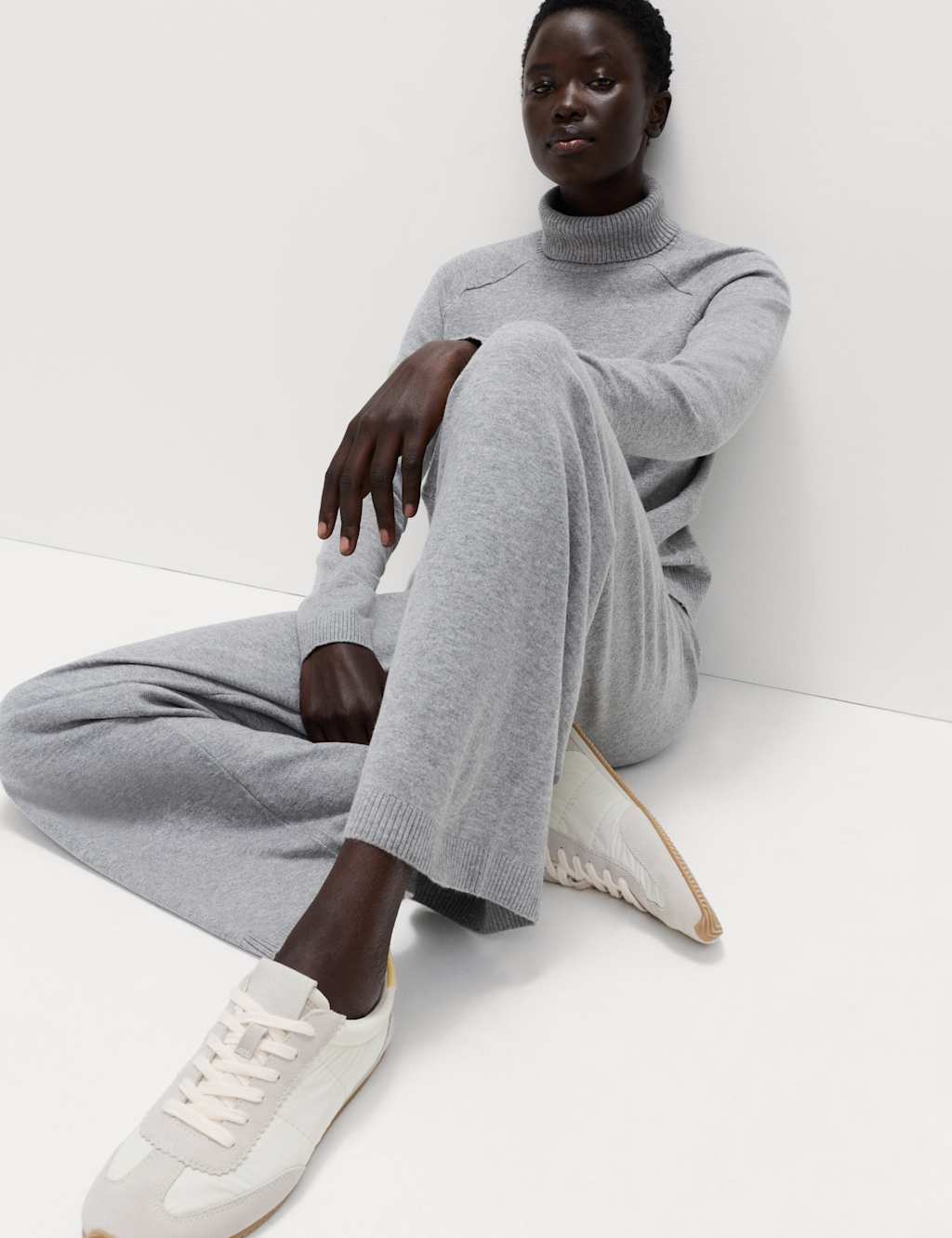 M&S Air-Yarn Wide Leg Knitted Trousers Mid Grey Marl