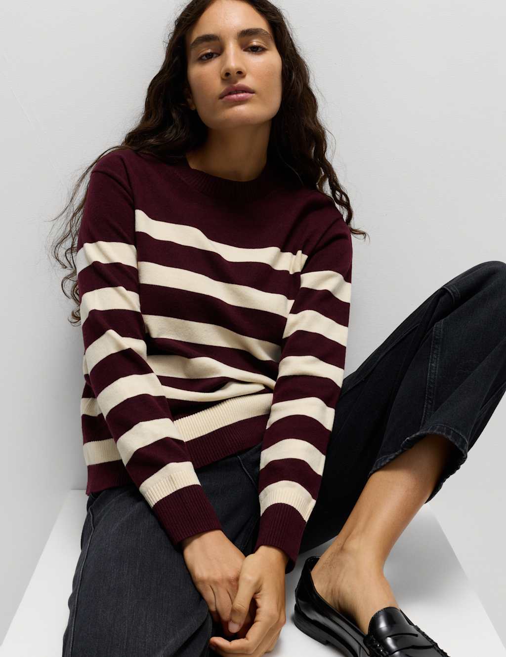 M&S Air-Yarn Striped Crew Jumper Dark Burgundy