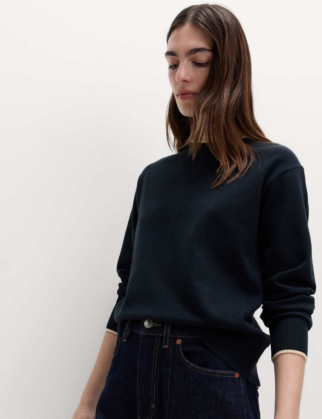 M&S Air-Yarn Tipped Crew Neck Jumper Midnight Navy