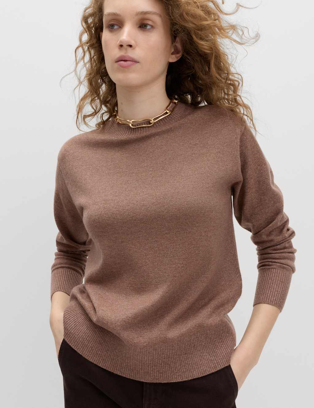 M&S Women's Air-Yarn Crew Neck Jumper - Small - Golden Brown