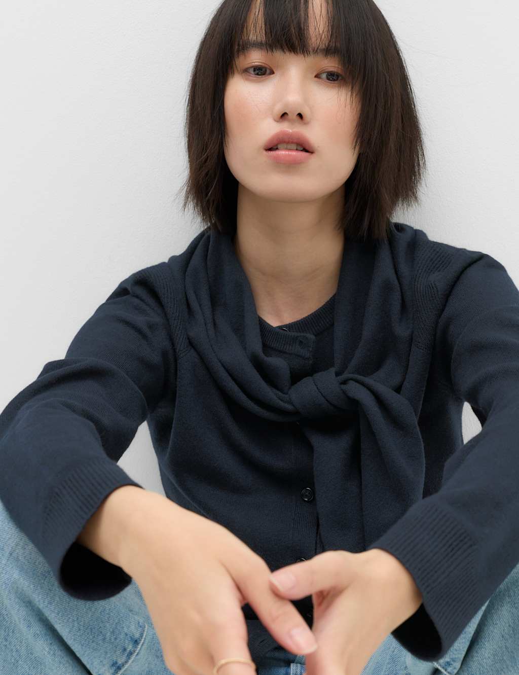 M&S Women's Air-Yarn Scarf Neck Button Through Cardigan - Small - Midnight Navy