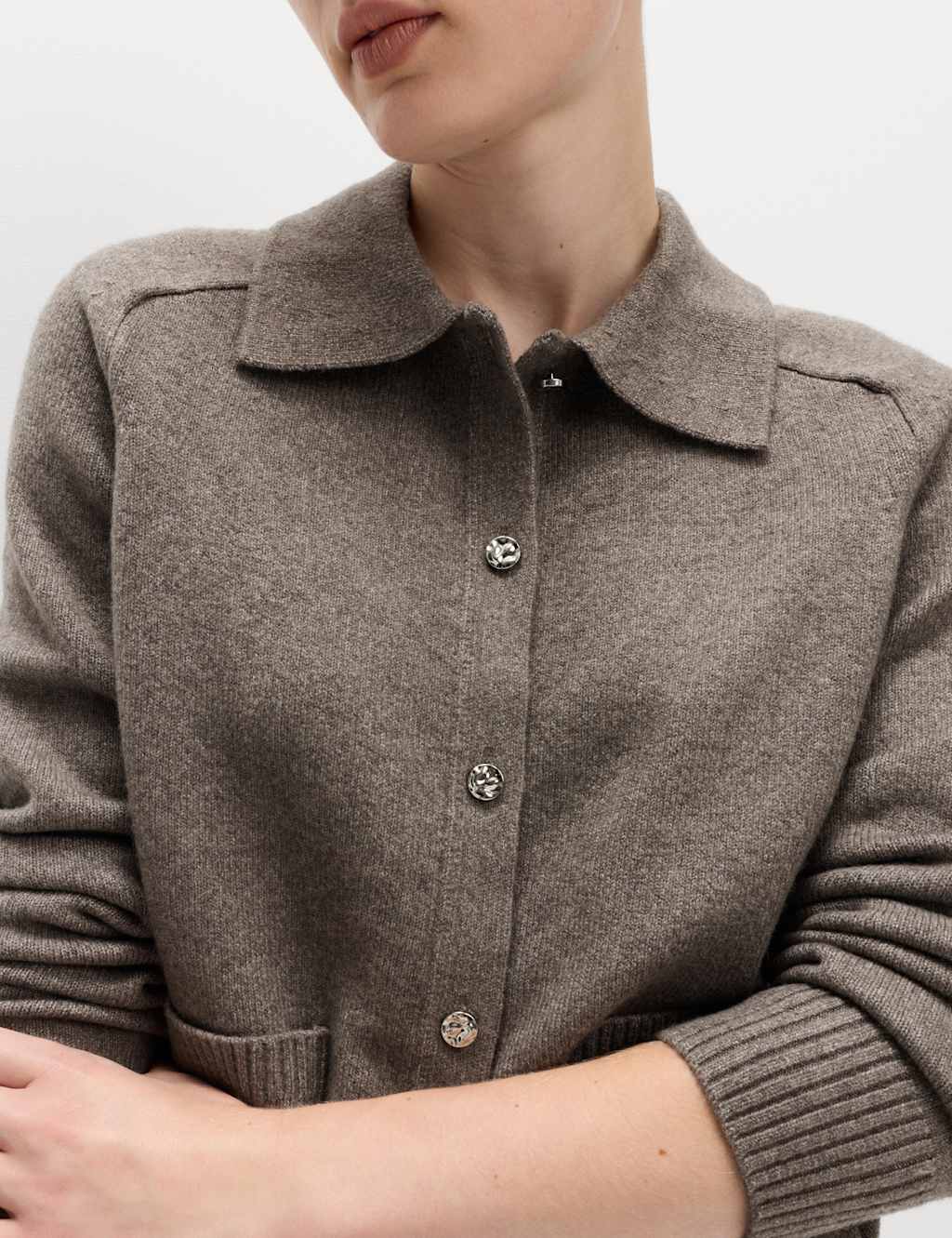 M&S Air-Yarn Collared Button Front Cardigan Nutmeg