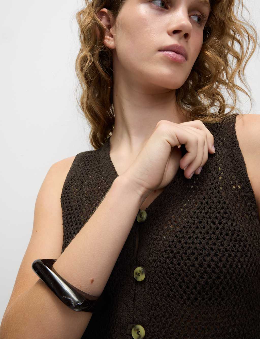 M&S Cotton Blend Button Through Knitted Waistcoat Dark Chocolate