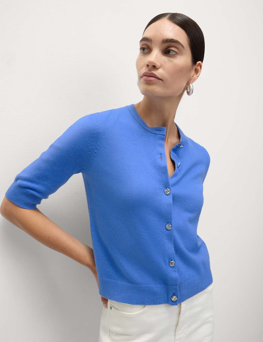 M&S Air-Yarn Button Front Short Sleeve Cropped Cardigan Neon Blue