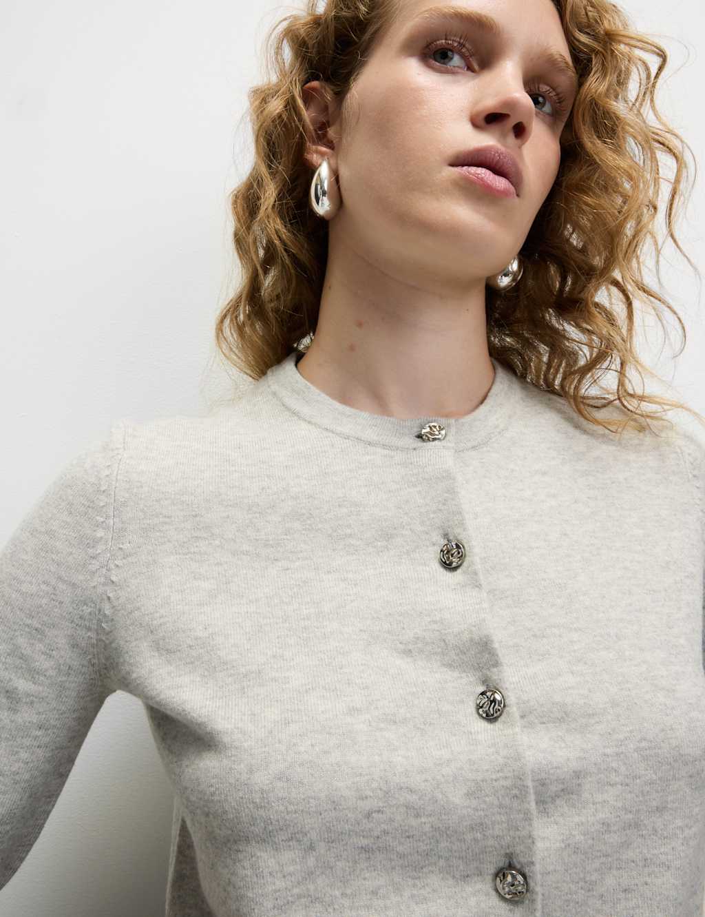 M&S Air-Yarn Button Front Short Sleeve Cropped Cardigan Light Grey