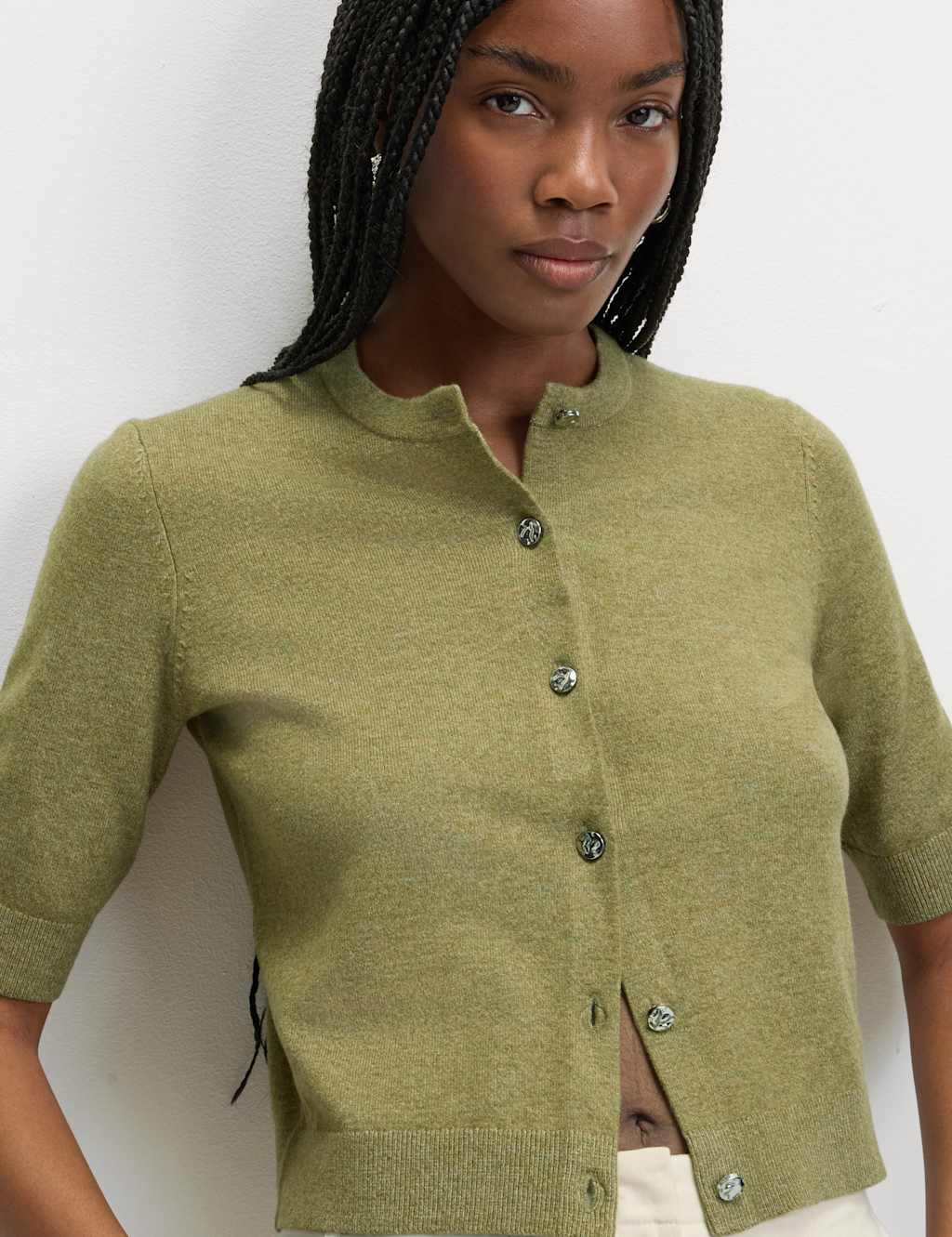 M&S Air-Yarn Button Front Short Sleeve Cropped Cardigan Faded Green
