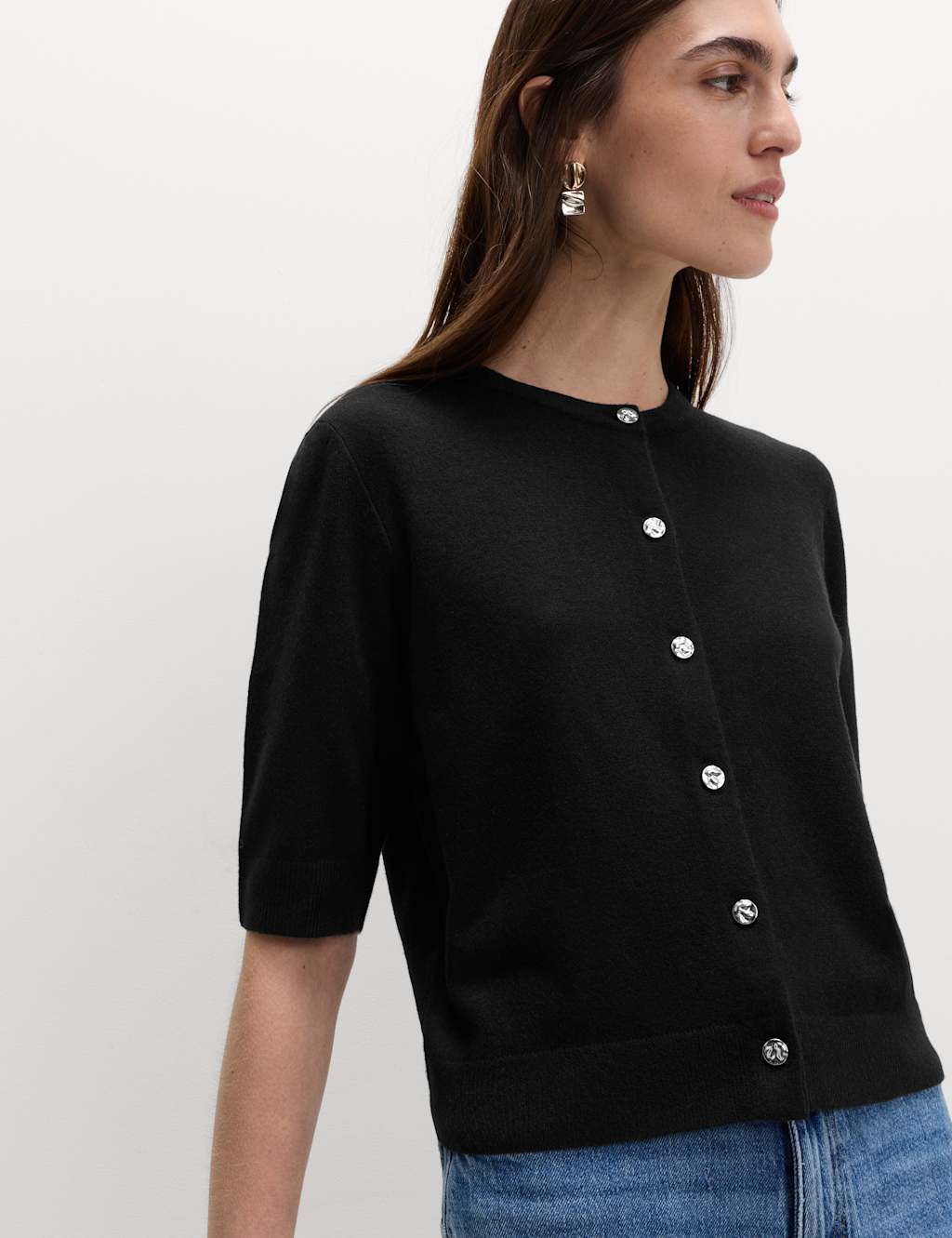 M&S Air-Yarn Button Front Short Sleeve Cropped Cardigan Black