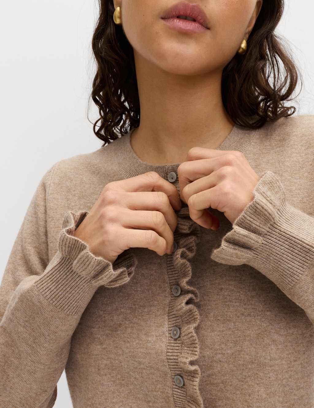 M&S Women's Air-Yarn Ruffle Slim Fit Cardigan - Small - Cappuccino