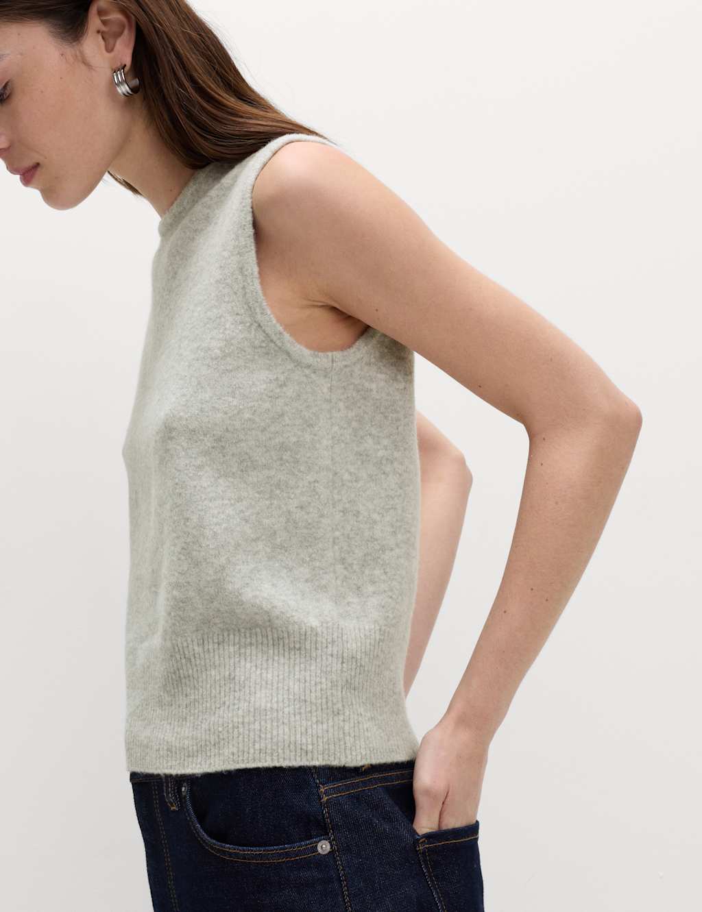 M&S Crew Neck Knitted Vest with Cotton Light Grey