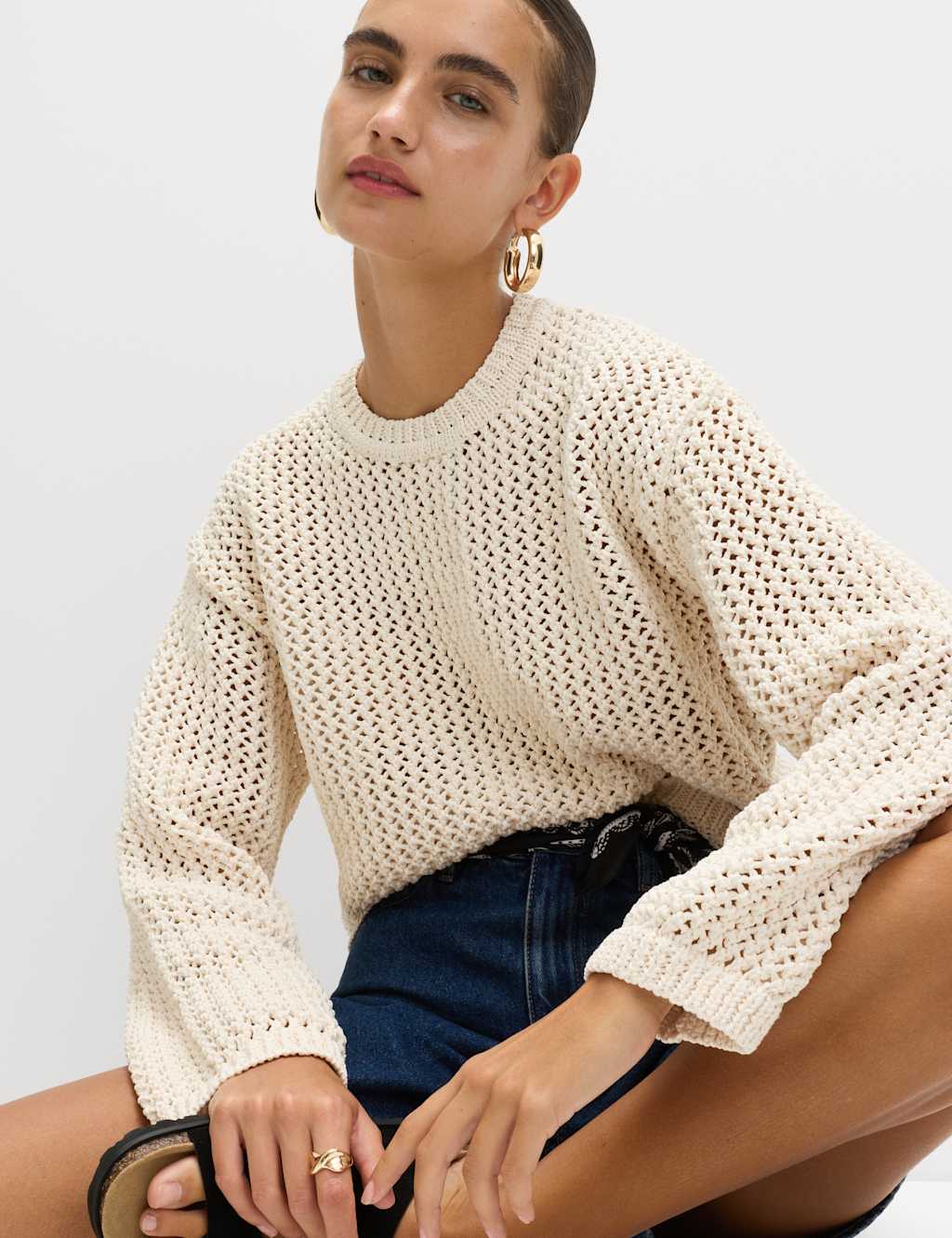 M&S Women's Textured Crew Neck Cropped Jumper - Small - Vanilla