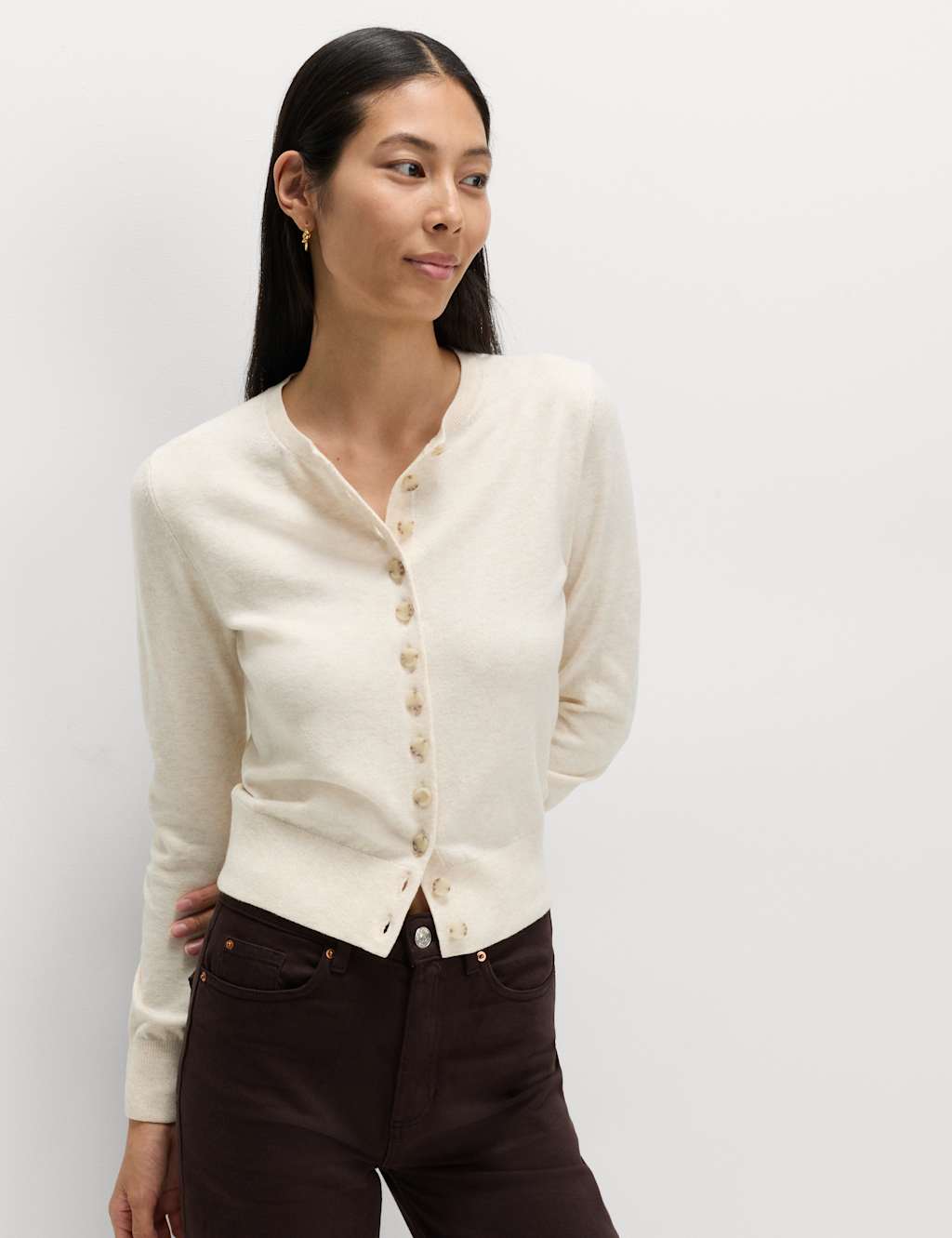 M&S Women's Air-Yarn Crew Neck Short Cardigan - Small - Vanilla