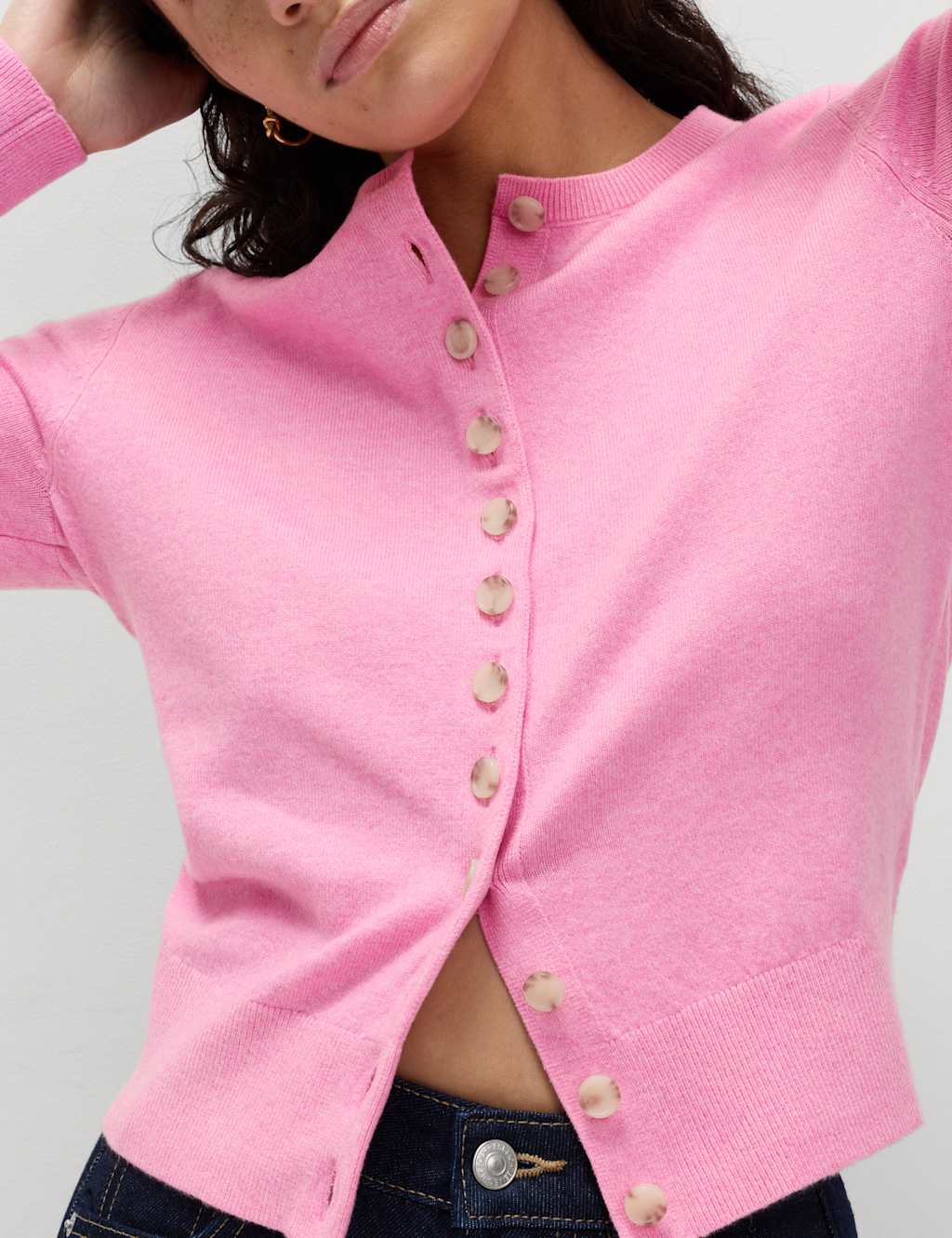 M&S Women's Air-Yarn Crew Neck Short Cardigan - Small - Sugar Pink