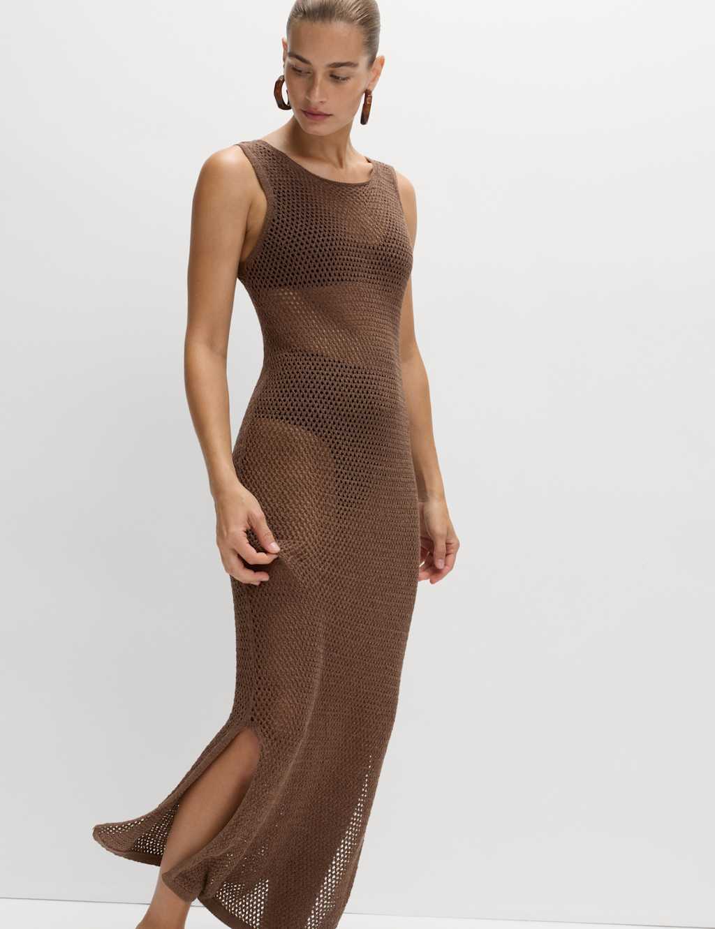 M&S Cotton Blend Knitted Textured Midi Beach Dress Toffee