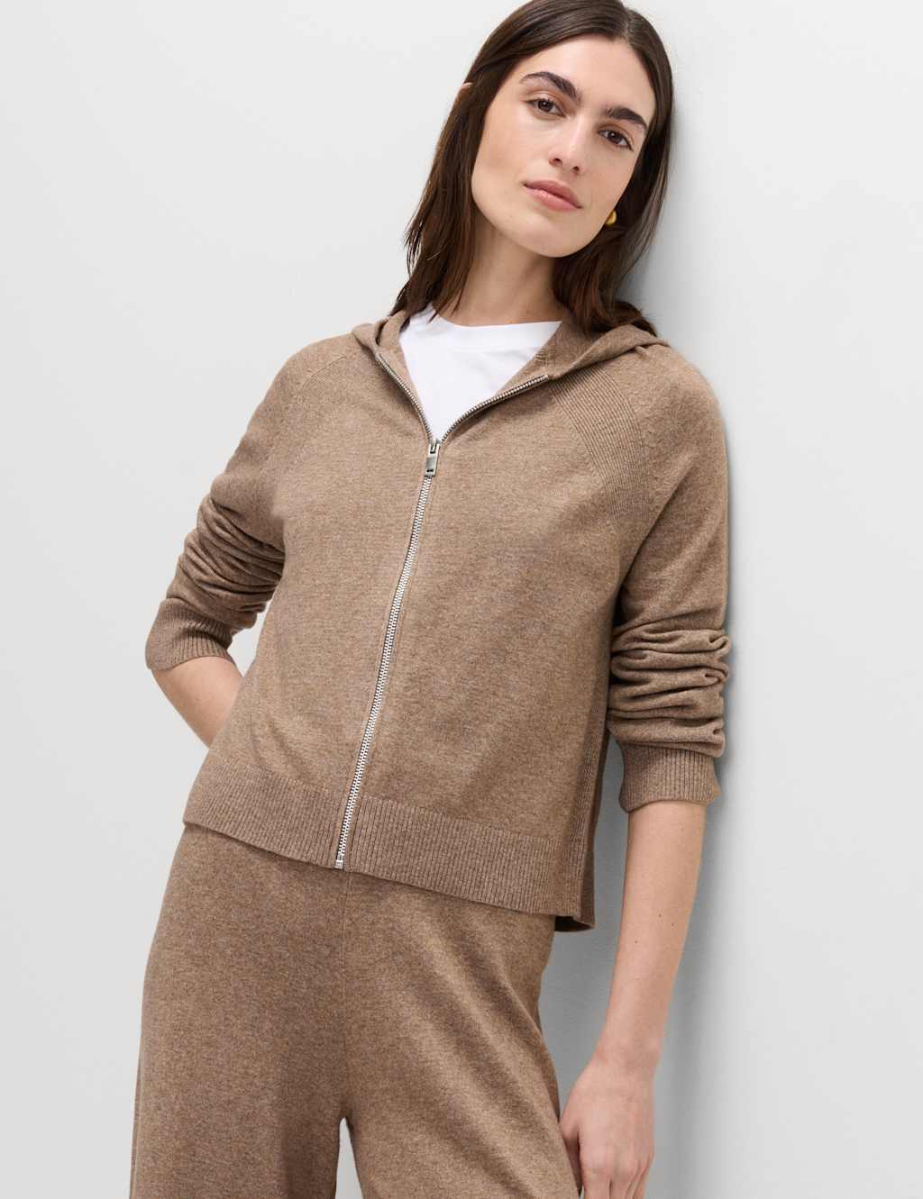 M&S Women's Knitted Zip Up Cropped Hoodie - Small - Hazelnut