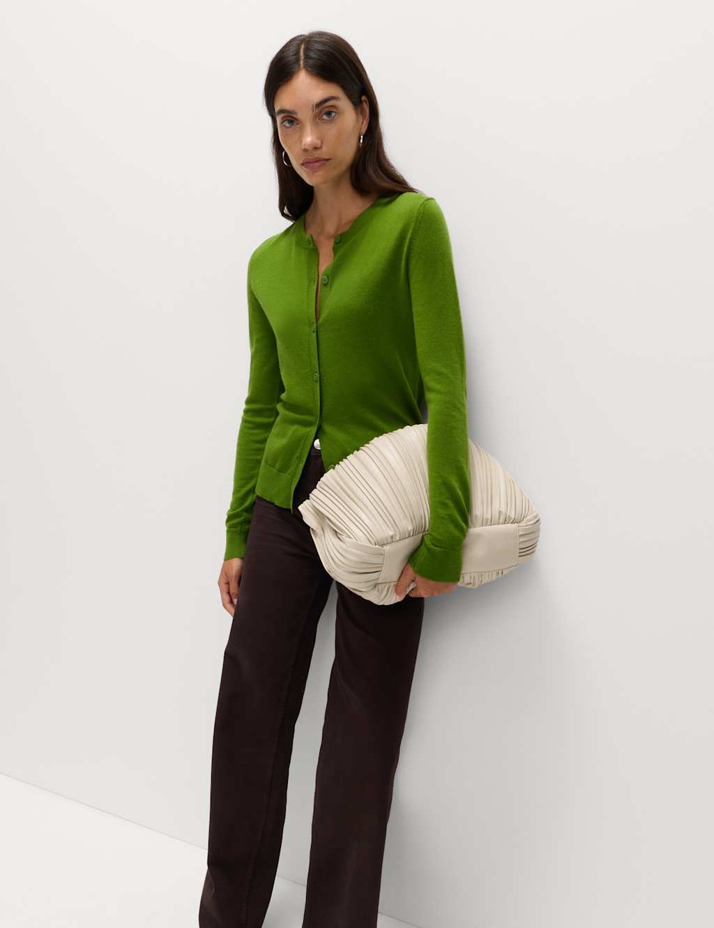 M&S Pure Merino Wool Crew Neck Cardigan Fern Green