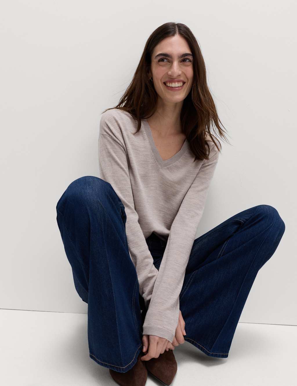 M&S Pure Merino Wool V-Neck Jumper Fawn