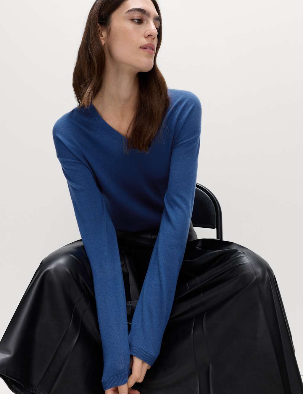 M&S Pure Merino Wool V-Neck Jumper Indigo