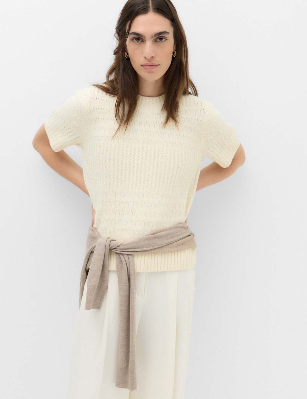 M&S Women's Pointelle Knitted Top With Wool - Medium - Ivory