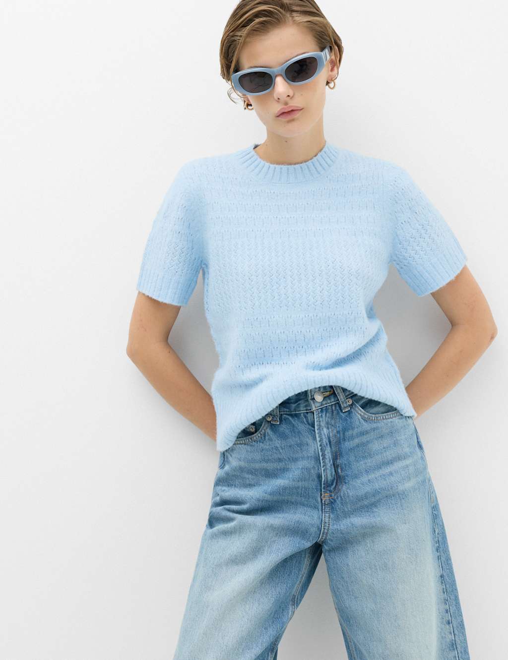 M&S Women's Pointelle Knitted Top With Wool - Large - Faded Blue